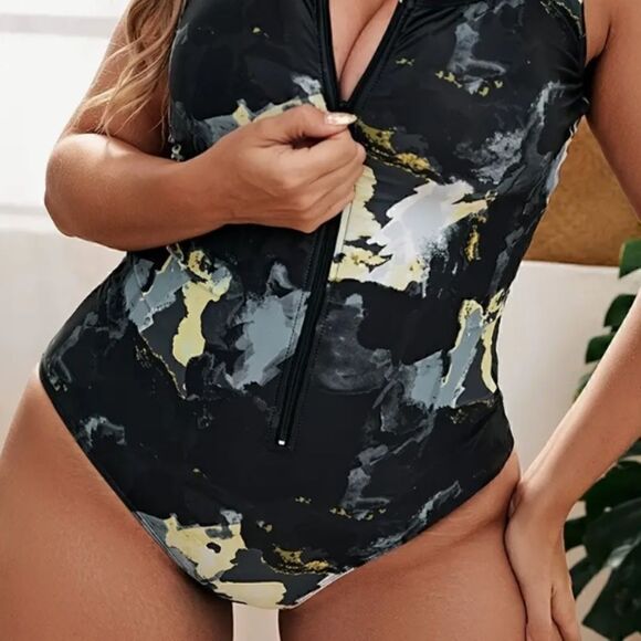 NEW! Women Plus Size Tie Dye Zipper Square Neck One Piece Swimsuit High … - Picture 2 of 4